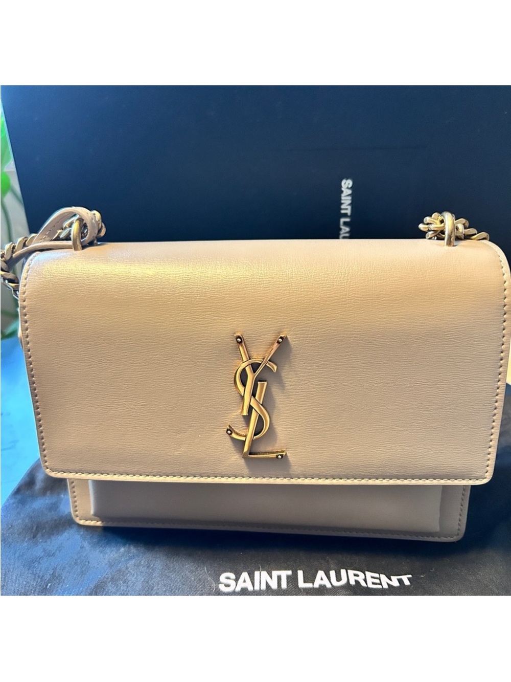 Saint Laurent Cream Leather Logo Chain Shoulder Bag